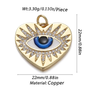 Detail showing gold heart evil eye pendant size 22mm made of copper with crystals