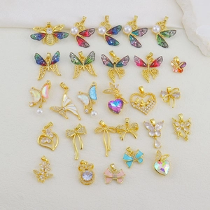 Copper Butterfly Pendant With Rhinestone And Artificial Pearl Enamel DIY Charms For Necklace Bracelet Jewelry Making Accessories