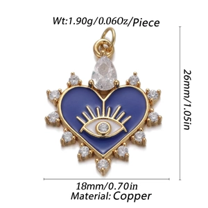 Technical detail of heart evil eye pendant in copper showing dimensions and 1.90g weight