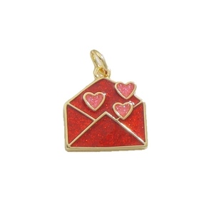 Red glitter enamel envelope pendant with pink hearts in gold plated copper finish