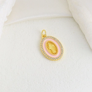 Religious oval pendant in gold finish with pink enamel and sparkling zircon border