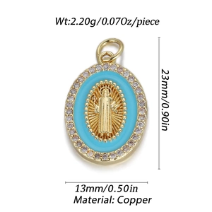 Detailed view of turquoise enamel religious pendant with gold saint relief and zircon border