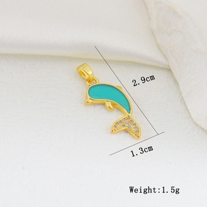 Detailed dimensions of a dolphin pendant with turquoise enamel and white cubic zirconia