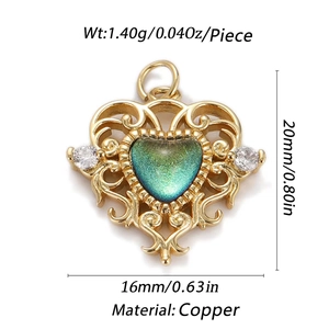 Detailed macro view of gold-plated hollow heart pendant with turquoise inlay and zircons