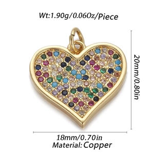 Macro shot of 18x20mm copper heart pendant with colorful micro-inlaid stones