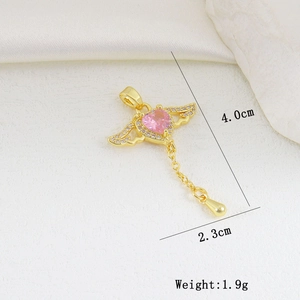Macro detail of angel wing heart pendant with pink stone and dimension measurements