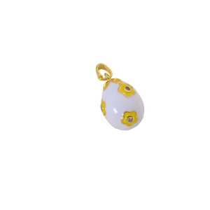 Easter egg pendant with white enamel, yellow floral patterns and zircon inlay detail