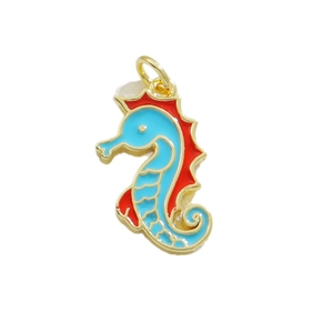 Seahorse charm pendant in gold with blue and red enamel for DIY necklaces and bracelets
