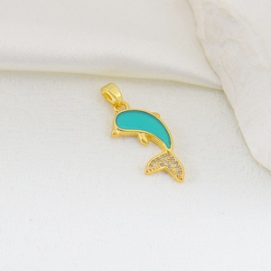 Luxurious dolphin pendant in gold with teal enamel and sparkling white zircon accents