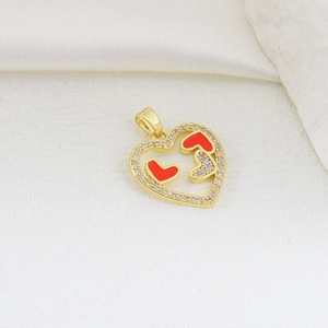 Detail of a heart-shaped gold pendant featuring red enamel hearts and zircon accents