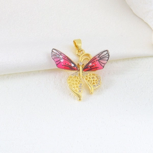 Exquisite gold butterfly pendant with gradient pink enamel and sparkling zircon accents