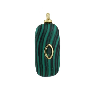 Detail of rectangular malachite pendant with green gemstone and gold plating