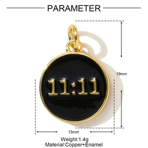 13mm 18K gold-plated round pendant featuring 11:11 Angel Number in black enamel detail