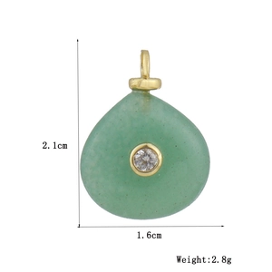 Detail view of teardrop green gemstone pendant showing 2.1cm height and 1.6cm width dimensions