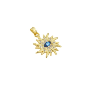 Golden sun pendant with evil eye enamel and cubic zirconia stones on white background