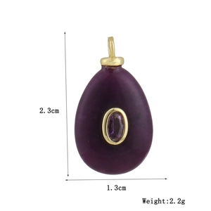 Detailed macro view of purple teardrop stone pendant with dimensions of 2.3cm by 1.3cm
