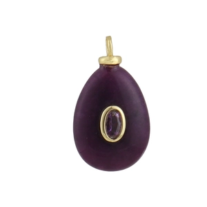 Detailed view of teardrop purple agate pendant with gold bezel and crystal inlay