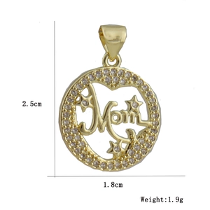 Golden Mom pendant with micro-pave zircons, measuring 2.5cm by 1.8cm, with weight 1.9g