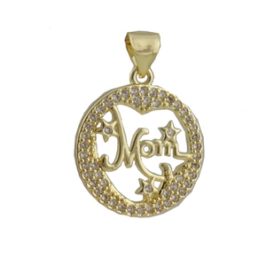 Macro detail of a gold-plated Mom pendant with sparkling cubic zirconia and star accents