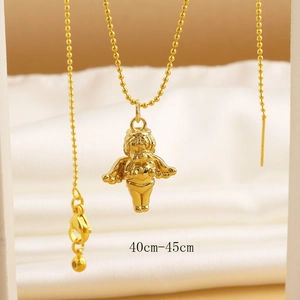 Detailed view of golden cupid angel pendant necklace with adjustable 40cm-45cm bead chain