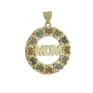 Detailed view of a gold-plated Mom pendant with multi-color zircons and heart patterns