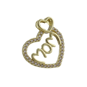 Macro shot of gold heart pendant featuring mom lettering and sparkling white crystals