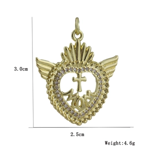 Detail of MOM heart pendant with angel wings and cross showing size 3.0cm by 2.5cm