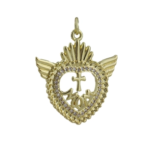 Detailed view of gold plated heart wing pendant with MOM text and cross inlay