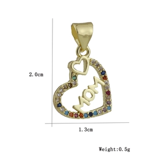 Detail of MOM heart pendant with colorful zircon inlays measuring 2.0cm by 1.3cm