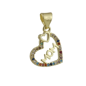 Macro detail of gold-plated MOM heart pendant with colorful micro-pave zirconia stones