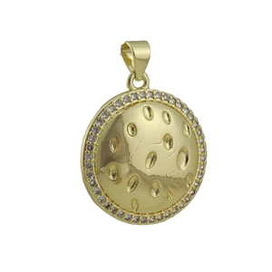 Close-up of gold geometric pendant with zircon accents and textured dome finish