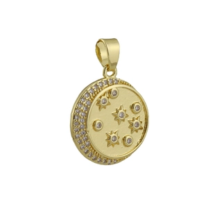 Detailed view of a gold celestial pendant with moon crescents and zircon star engravings
