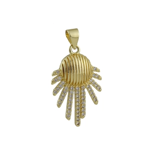 Macro detail of sunburst gold pendant with vertical relief and zircon inlaid fringe