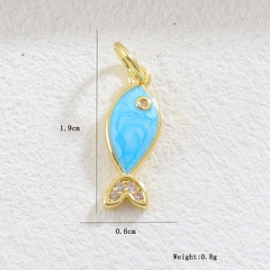 Detailed view of blue enamel fish pendant with white zircons and size measurements