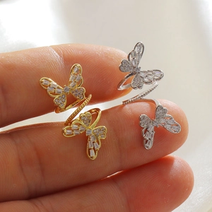 Luxus Kupfer Zirkonia Doppel Schmetterling Bypass Offener Ring Für Damen Verstellbar Vergoldet Versilbert Modeschmuck Ring