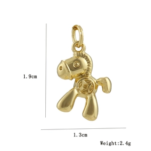 Detail showing a golden horse charm with coin pattern, dimensions 1.9cm by 1.3cm