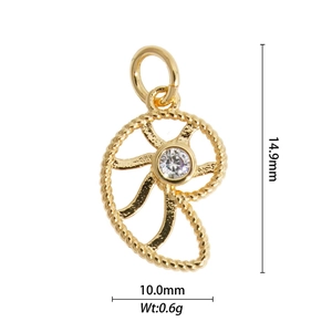 Macro detail of gold sea snail charm with 14.9mm height and 10.0mm width measurement