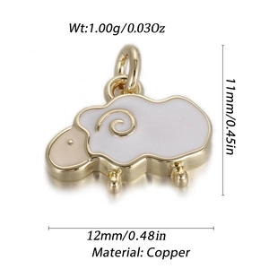 Detailed specs of a mini copper sheep charm with white enamel for DIY jewelry making