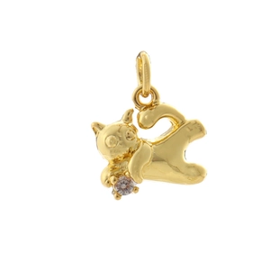 Detailed view of a mini golden cat charm with sparkling white zircon inlay and top ring