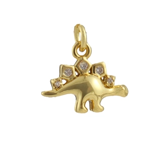 Detailed view of a gold stegosaurus pendant with sparkling crystal scales and hanging loop