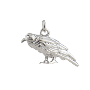 Detalle de colgante de pájaro plateado con plumas grabadas y aro de metal superior
