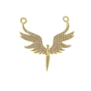 Macro detail of gold-plated wing charm with micro-pave pink cubic zirconia inlay