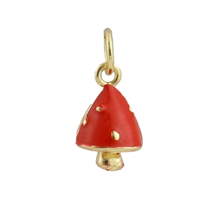 Vista detallada del colgante de hongo con esmalte rojo y baño de oro de 18k para joyería