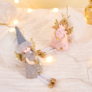 Plush Christmas angel dolls in grey and pink with gold star sequins and glitter wings