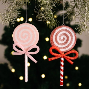 Christmas Lollipop Hanging Ornament With Bow Glitter Swirl Foam Candy For Christmas Tree Decoration Festival Party Decor