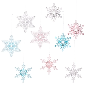 Set of 9 colorful acrylic Christmas snowflake ornaments in pink, blue and clear finish