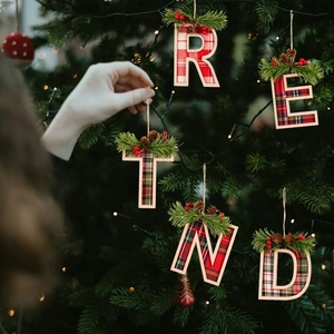 Plaid wooden Christmas tree alphabet ornaments set featuring festive pine and berry details