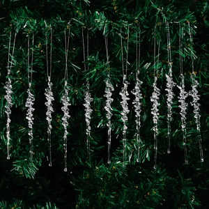 Set of 12 transparent acrylic icicle ornaments for Christmas tree with silver hanging cords