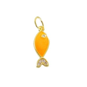Orange enamel fish pendant with gold border and zircon stones for DIY jewelry