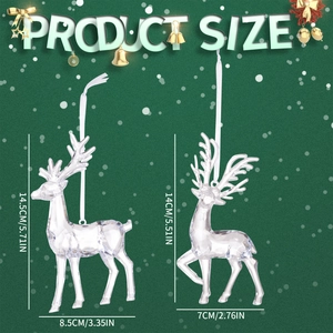 Set of 2 clear acrylic Christmas reindeer ornaments with silk hanging ribbons and size details